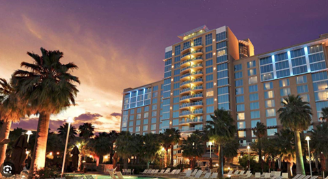 Tall building at sunset