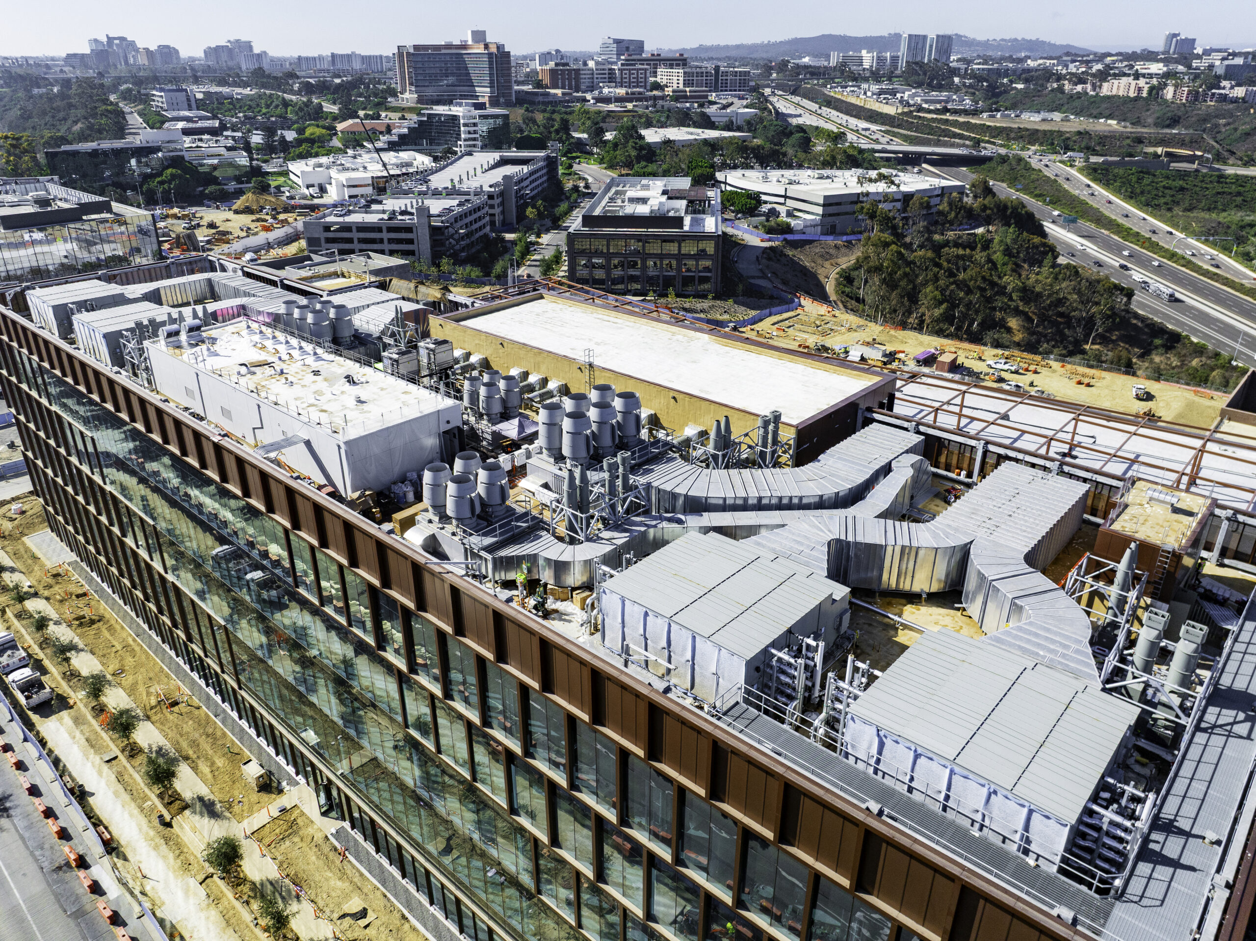 drone footage of a roof with HVAC system